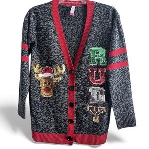 💥WOMENS UGLY CHRISTMAS RUDY SWEATER CARDIGAN SZ:XXL DARK GRAY BLACK RED SEQUINED